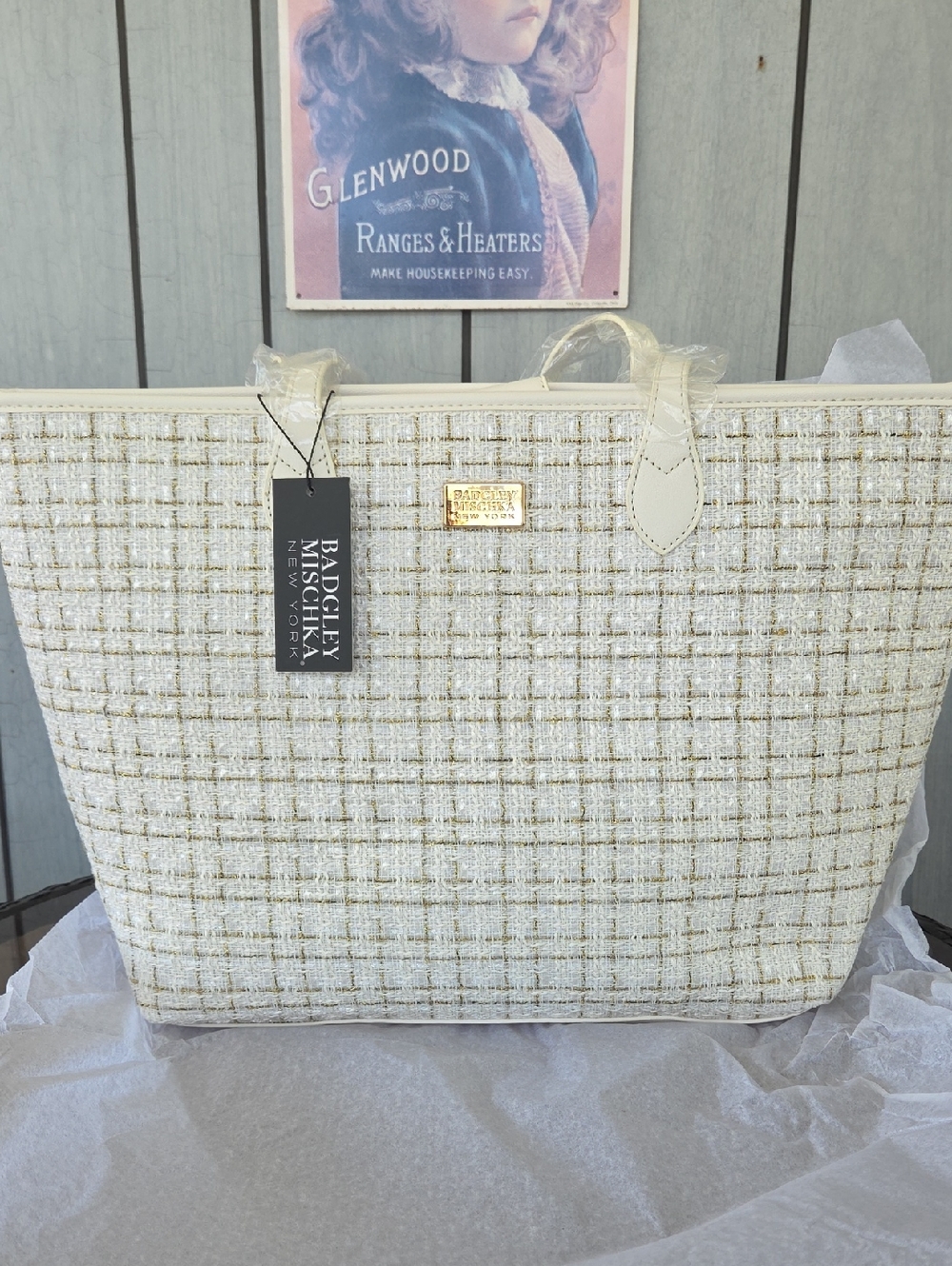 Badgley Mischka Cream and Gold Tweed Tote